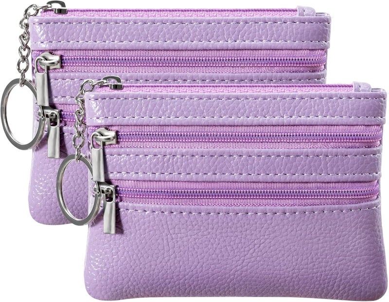 Chelmon 2 Pack Coin Purse Pouch Change Card Holder Small Wallet with Keychain for Women and Men (Light Purple & Light Purple) - Image 1